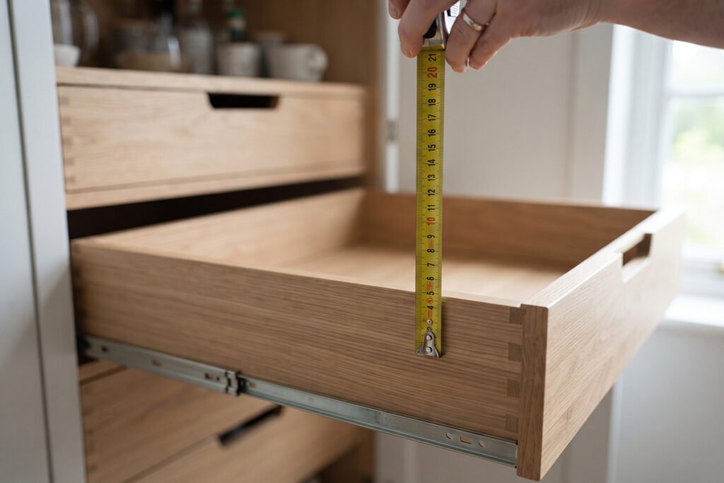 Measuring tape checking the internal depth of an empty pull-out pantry drawer