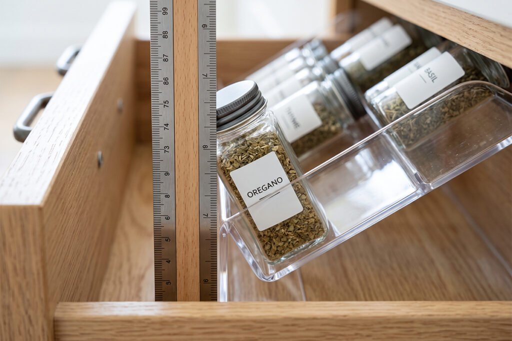 Measuring the vertical height and depth clearance of a spice jar resting on an_