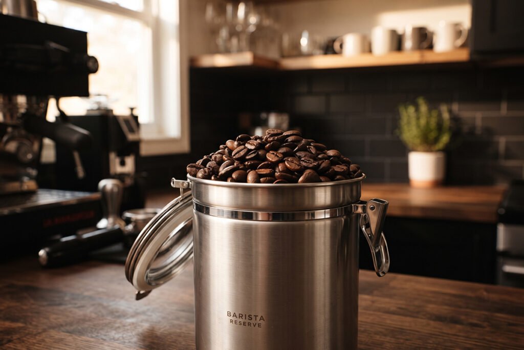 Metal food storage container holding dry coffee beans in a modern kitchen setup