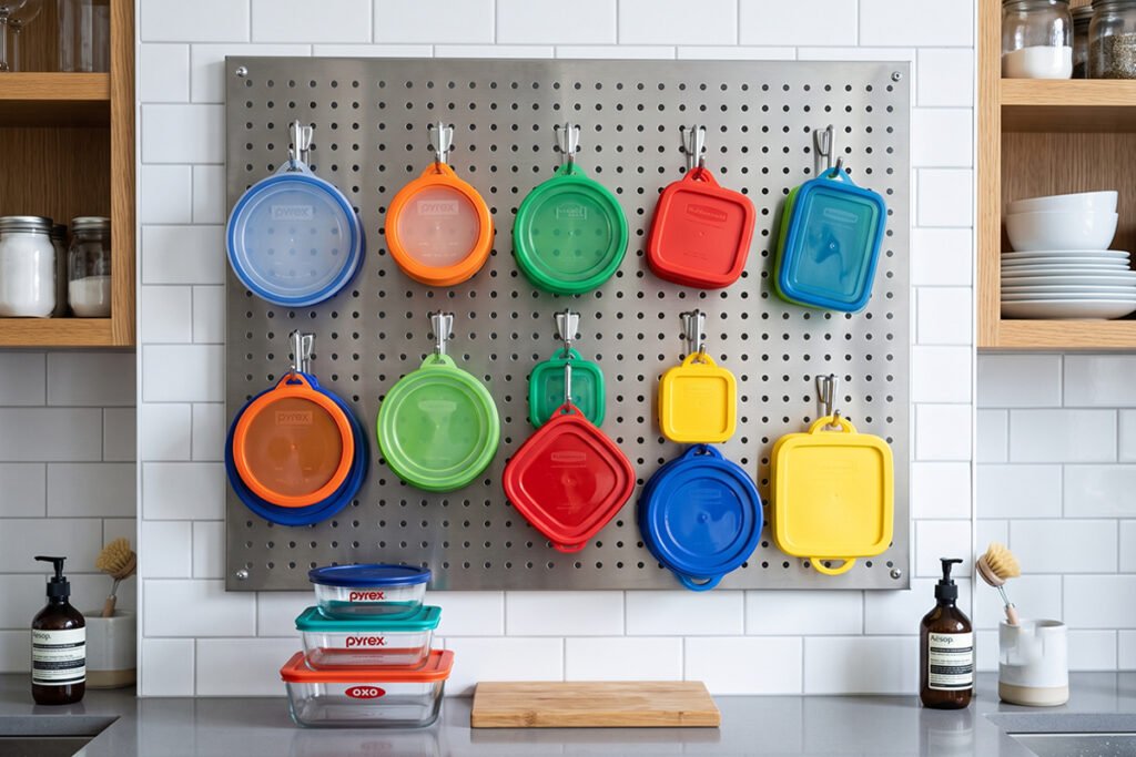 Metal pegboard hooks mounted on a wall holding food storage lids with built-in loops