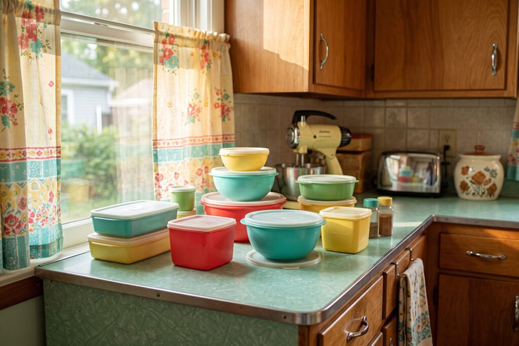 Mid-century style kitchen scene featuring early plastic food storage containers