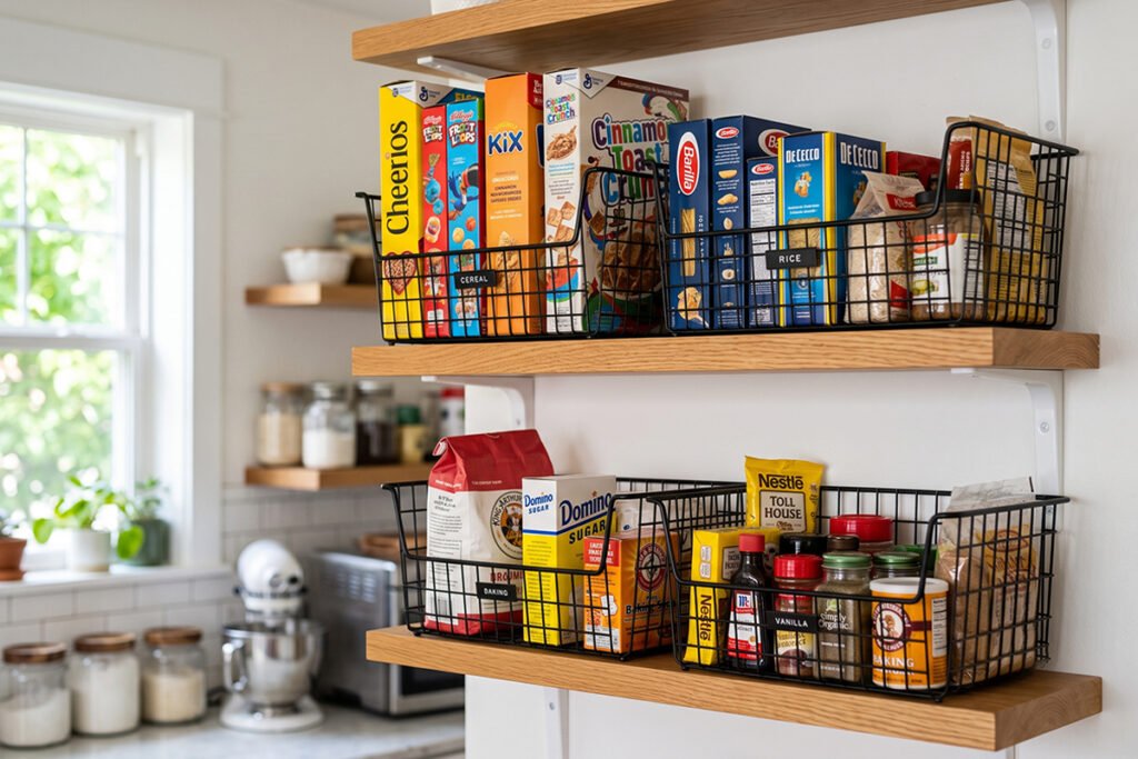 Mid-sized black wire storage bins holding boxed goods on kitchen shelves