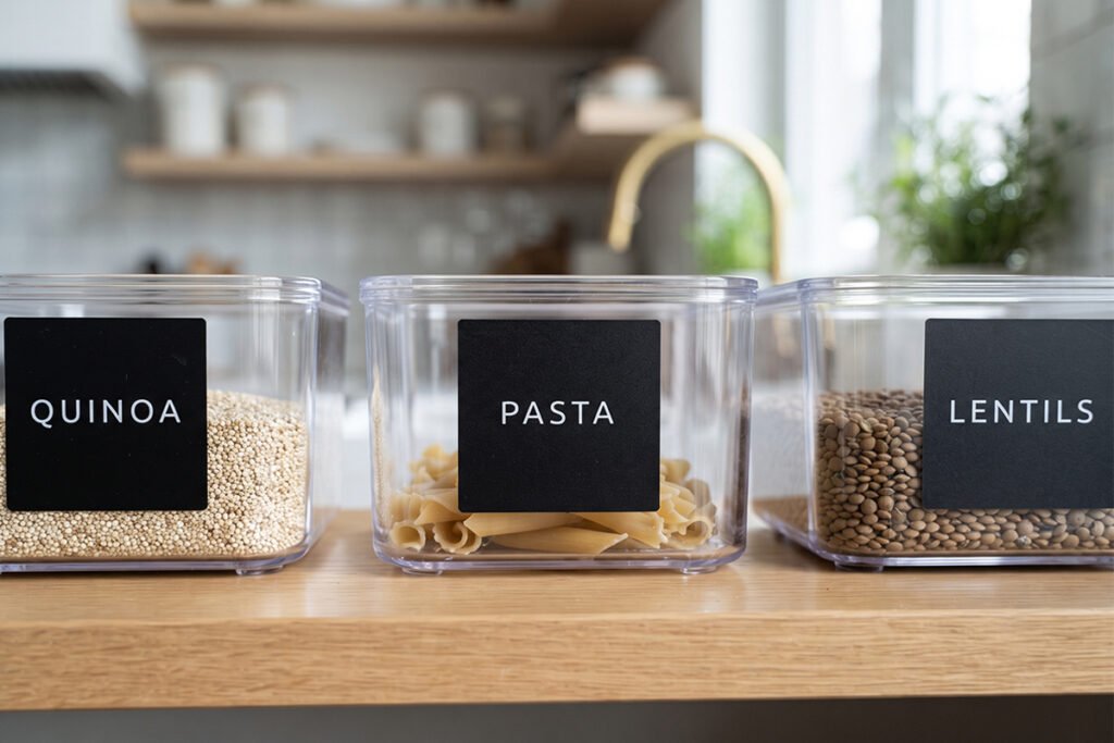 Minimalist black waterproof pantry labels attached to transparent acrylic food containers