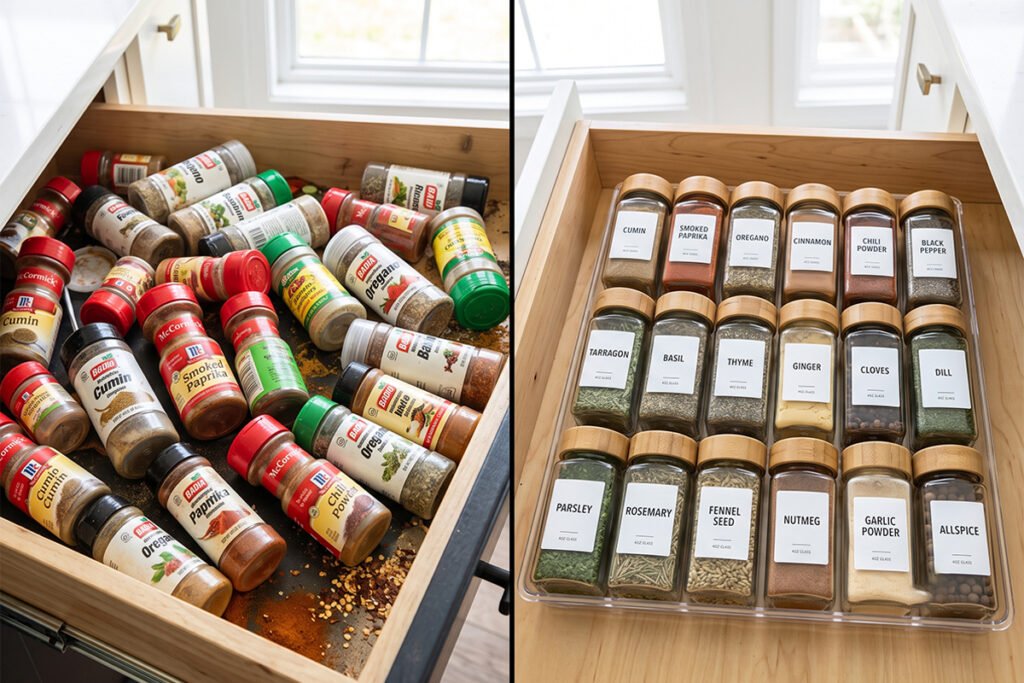 Mismatched supermarket spice bottles causing clutter compared to uniform labele