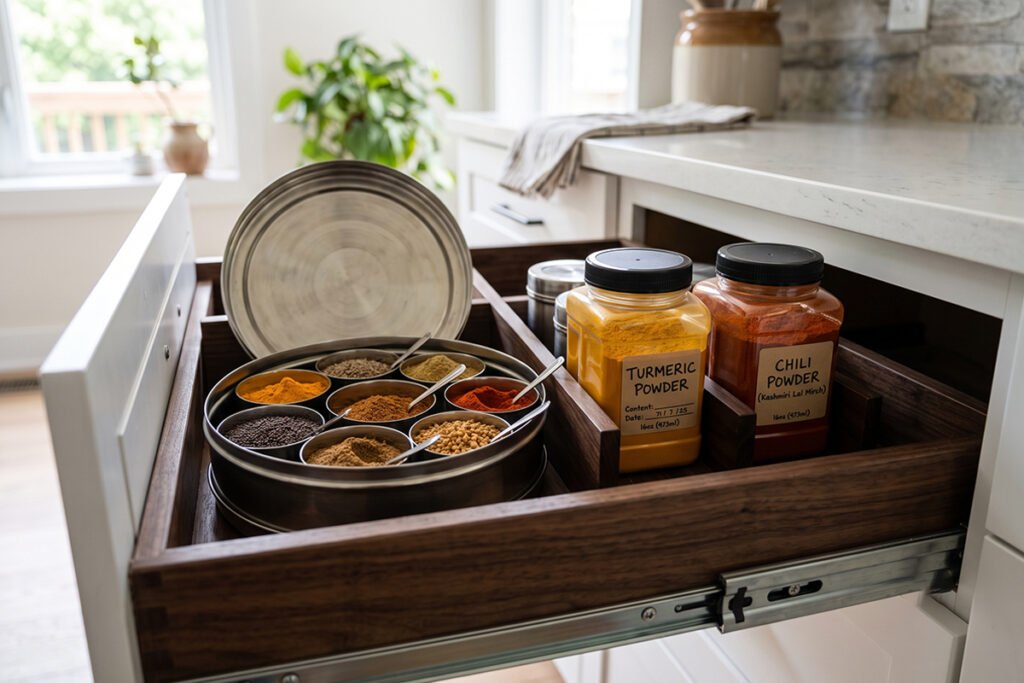 Modern Indian kitchen drawer housing a traditional Masala Dabba alongside large spi