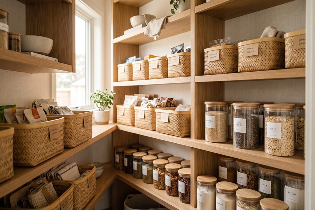 Modern aesthetic pantry with matching bamboo-rimmed baskets and uniform glass jars