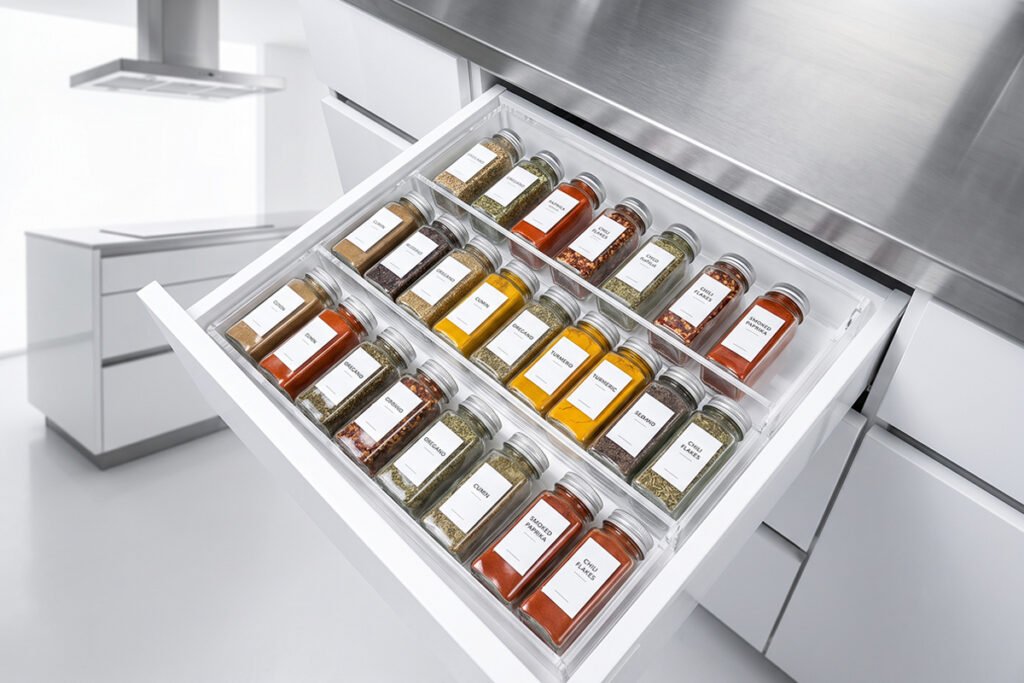Modern clear acrylic drawer insert showcasing an organized array of spice container