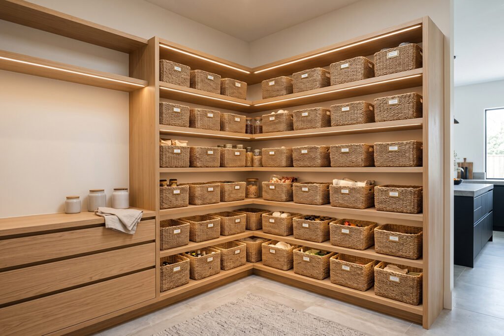 Modern corner pantry showcasing seamless basket placement along back walls
