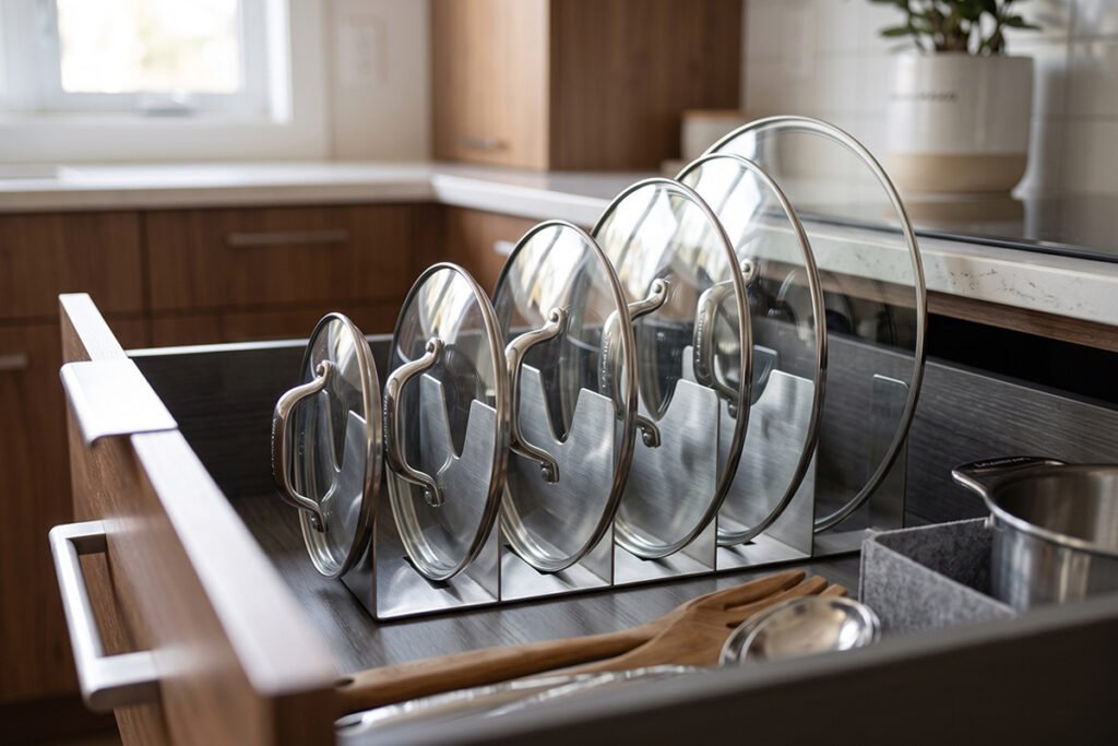 Modern deep kitchen drawer fitted with sleek metal vertical lid slots holding glass pot covers
