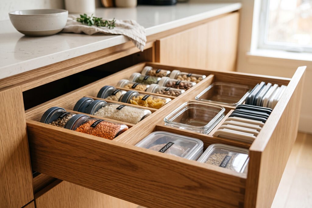 Modern deep kitchen drawer fitted with wood dividers separating glass containers from plastic lids