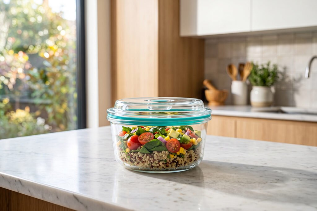 Modern glass food container with matching glass lid and colored silicone seal