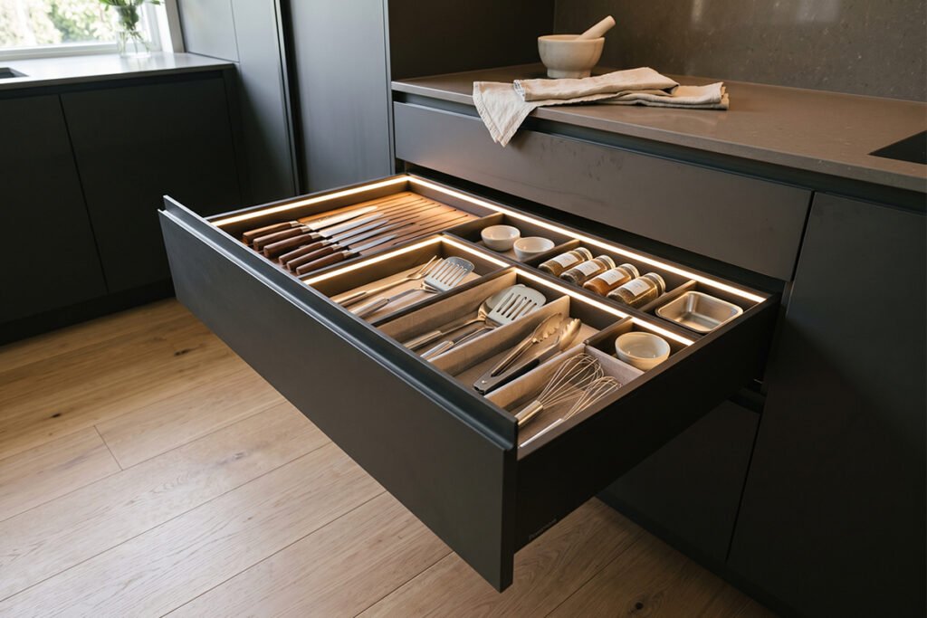 Modern high-end kitchen drawer system fully opened revealing streamlined storage la