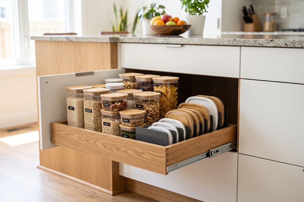 Modern kitchen cabinet featuring a pull-out food storage container drawer with lid holder