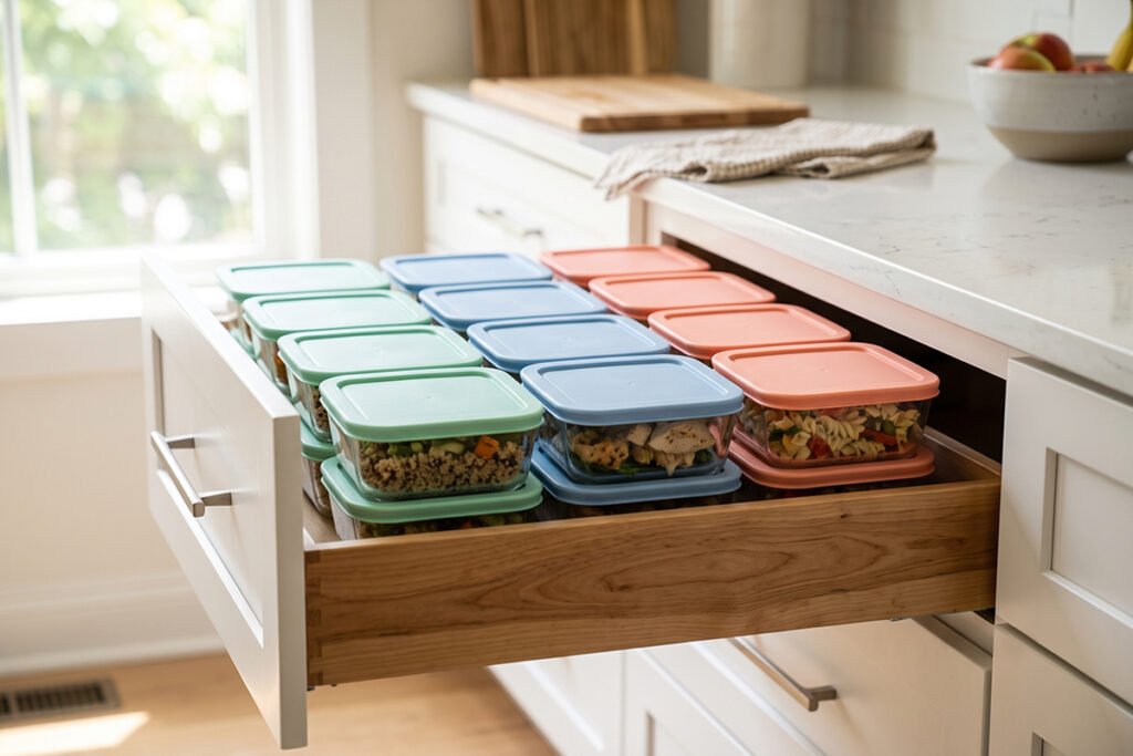 Modern kitchen deep drawer pulled open displaying neatly stacked rectangular glass meal prep containers with color-coded lids