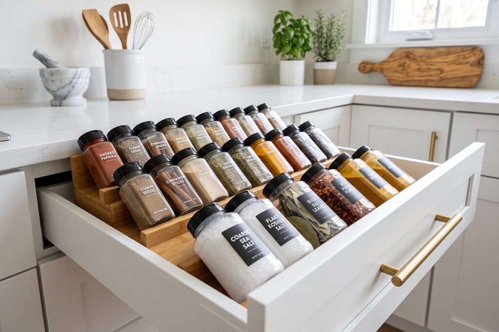 Modern kitchen drawer featuring a multi-tiered expandable spice rack holding variou