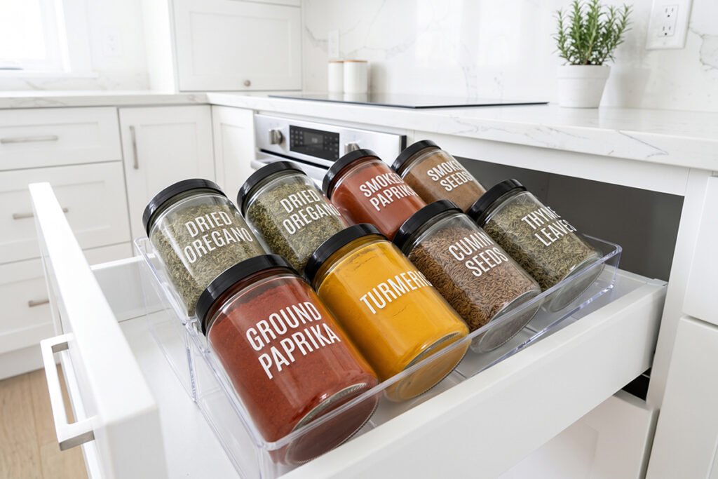 Modern kitchen drawer pulled open displaying neatly organized large spice container