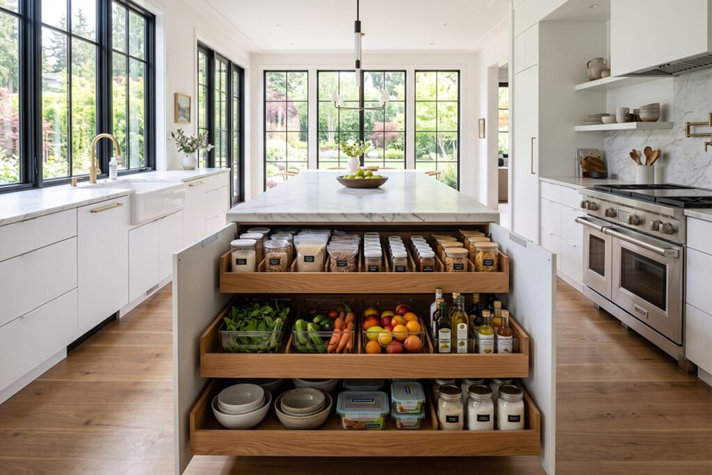 Modern kitchen featuring pull-out deep drawers fully open showcasing organized food