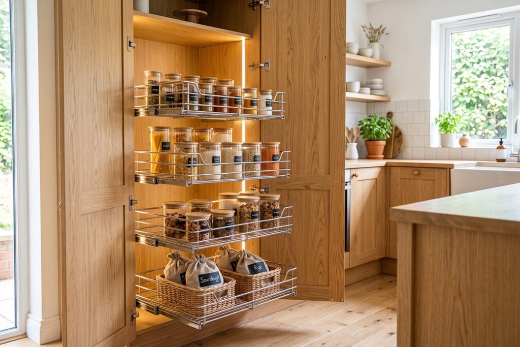 Modern kitchen featuring slide out wire baskets installed inside a deep wooden pantry cabinet