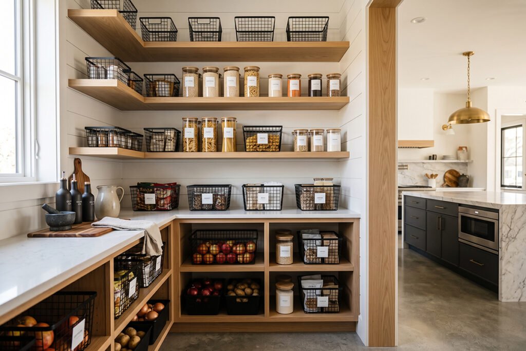Modern open-concept pantry styled with matching black steel wire baskets and minimalist labels