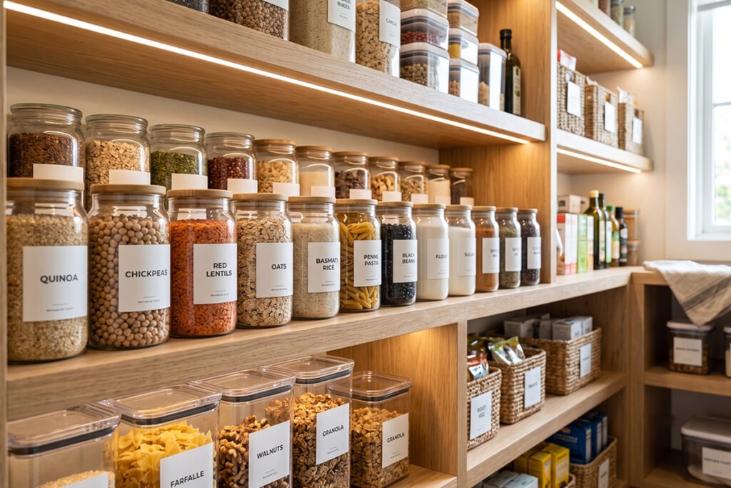 Modern organized kitchen pantry lined with labeled clear glass and plastic everyday f