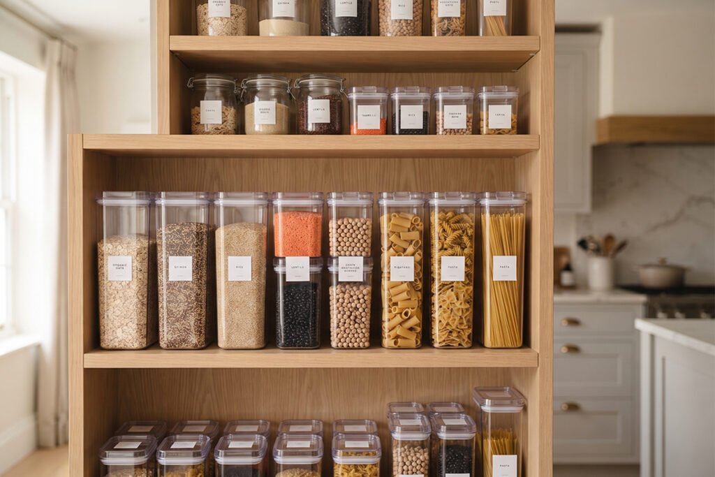 Modern pantry shelves filled with clear acrylic food storage containers holding various grains and pastas