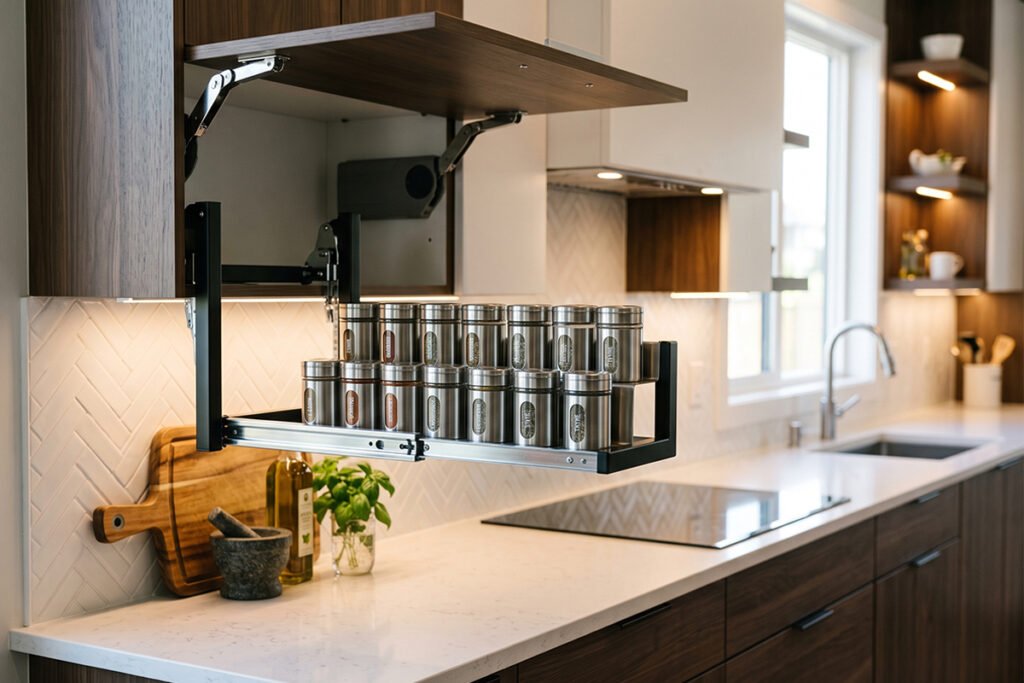 Modern under-cabinet pull-down spice rack system featuring sleek metal spice storage tins