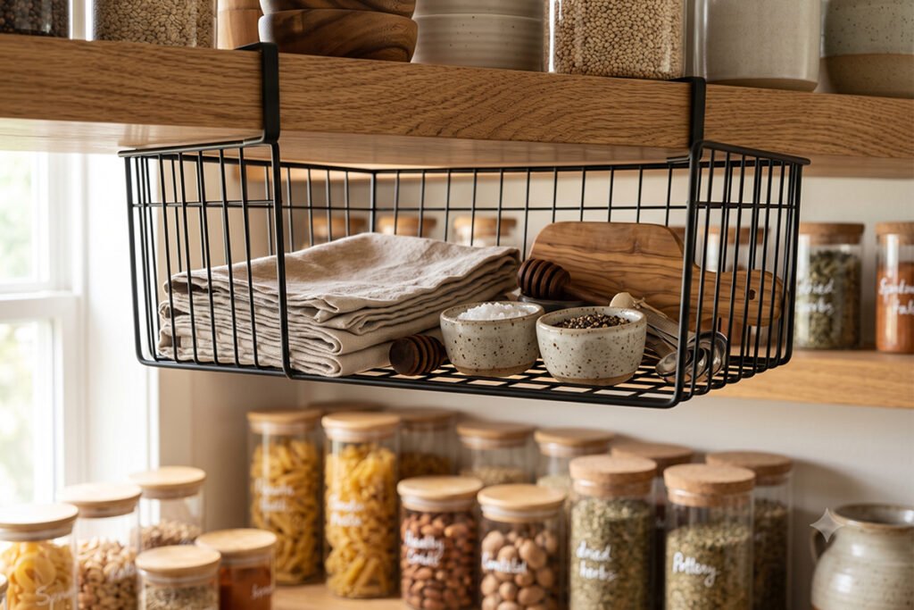 Modern under shelf wire basket installed on a wooden pantry shelf