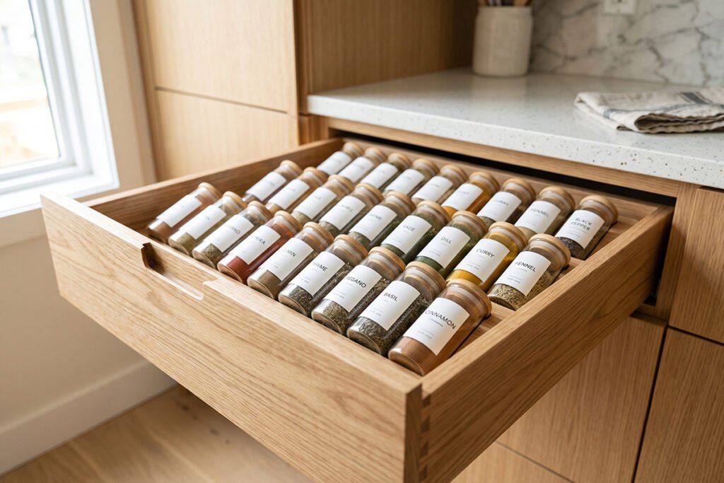 Modern wooden spice drawer organizer insert filled with uniform glass spice jars