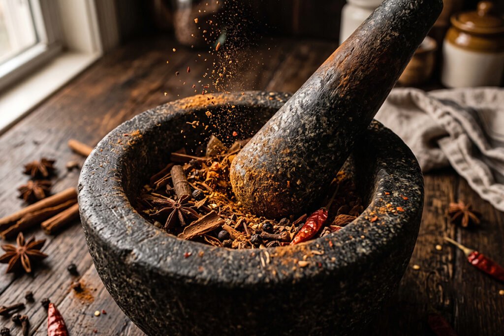 Mortar and pestle grinding hardened spices back into powder