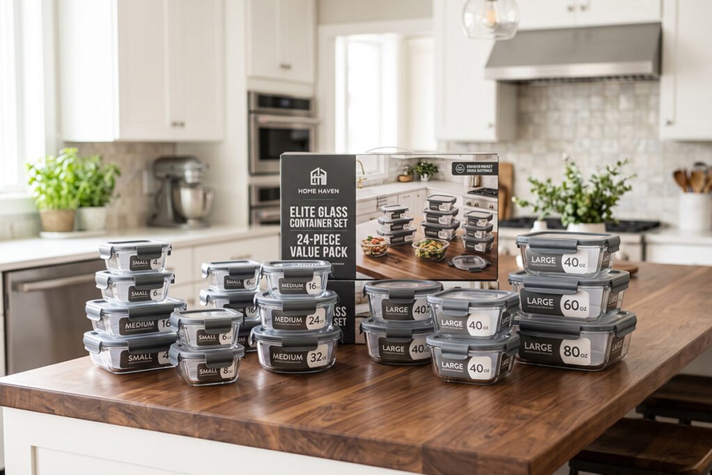 Multi-piece glass container set package displayed on a wooden kitchen island
