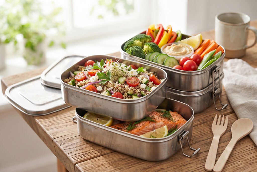 Multi-tier stainless steel lunch box opened to display healthy meal options