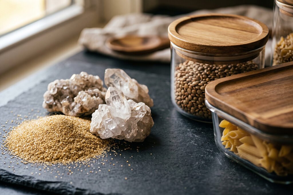 Natural raw glass materials sand and quartz shown next to finished glass containers