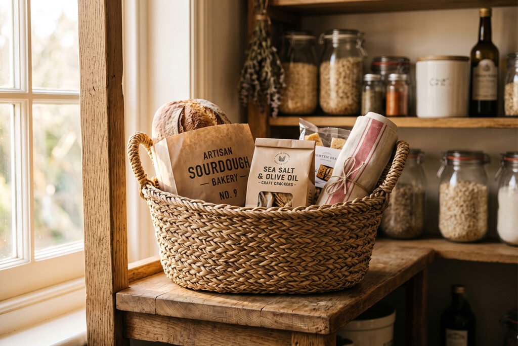 Natural wicker basket filled with lightweight pantry items like bagged snacks and dry bread