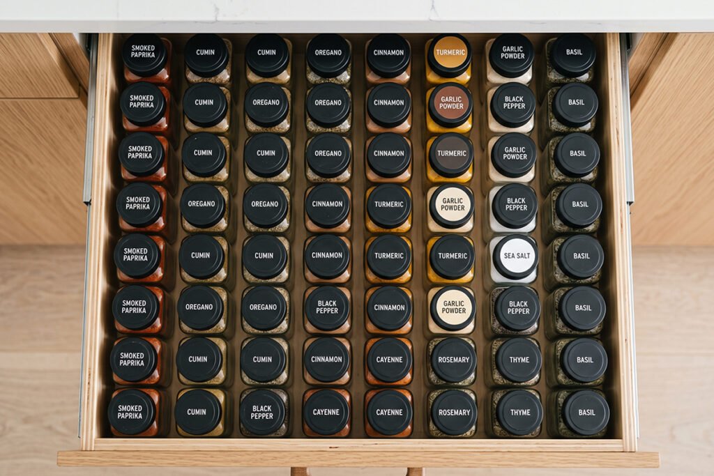 Neat arrangement of space-saving square spice jars lined up tightly in a narrow pul