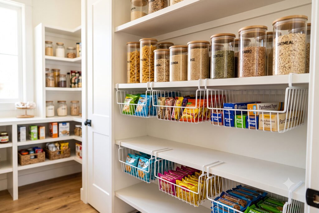 Neat kitchen pantry with organized under-shelf wire storage baskets