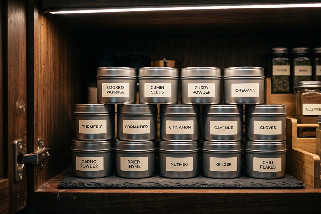 Neat spice storage arrangement of light-proof metal containers inside a cool