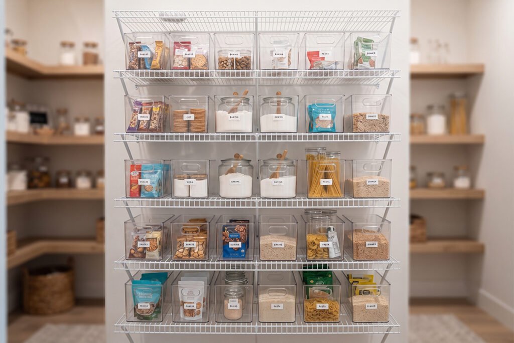 Neatly arranged clear acrylic bins on white wire pantry shelving with uniform organization layout