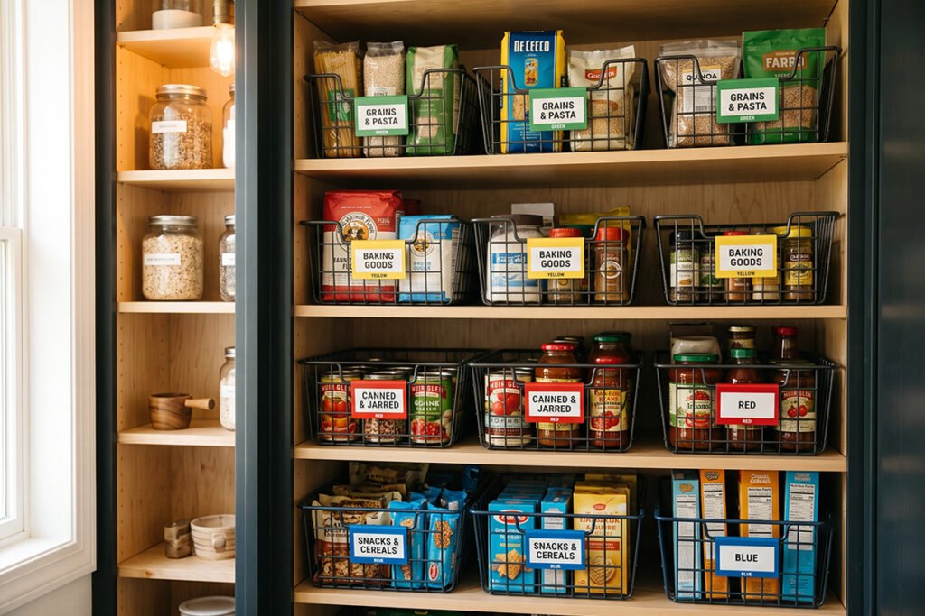 Neatly organized pantry cabinet with categorized food groups in wire storage bins