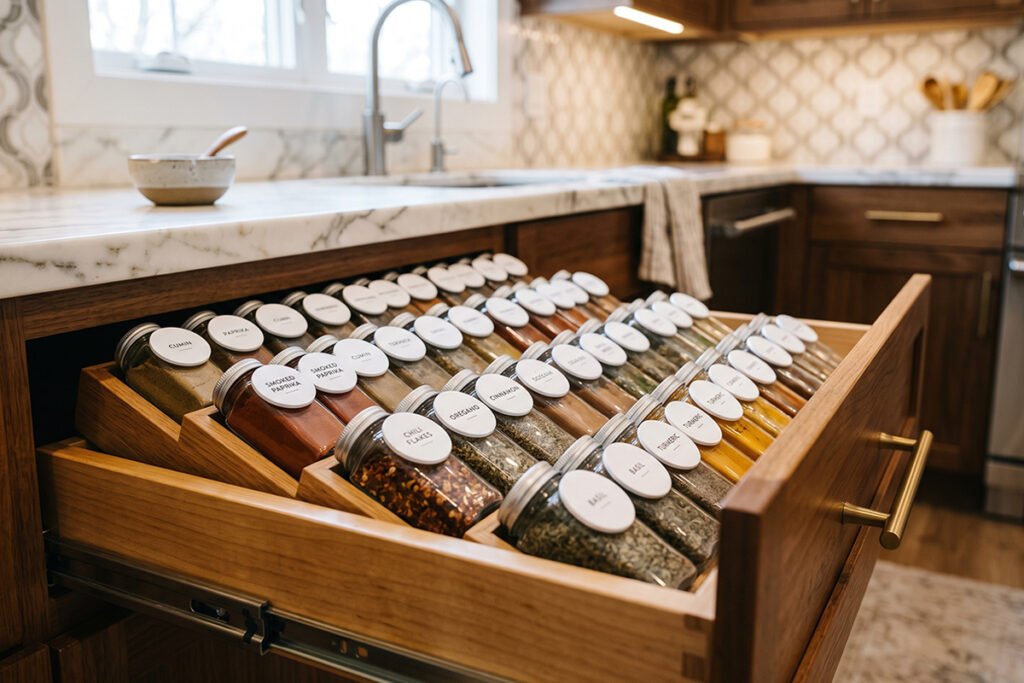 Neatly organized spice drawer showing flat angled spice jars with clear labels