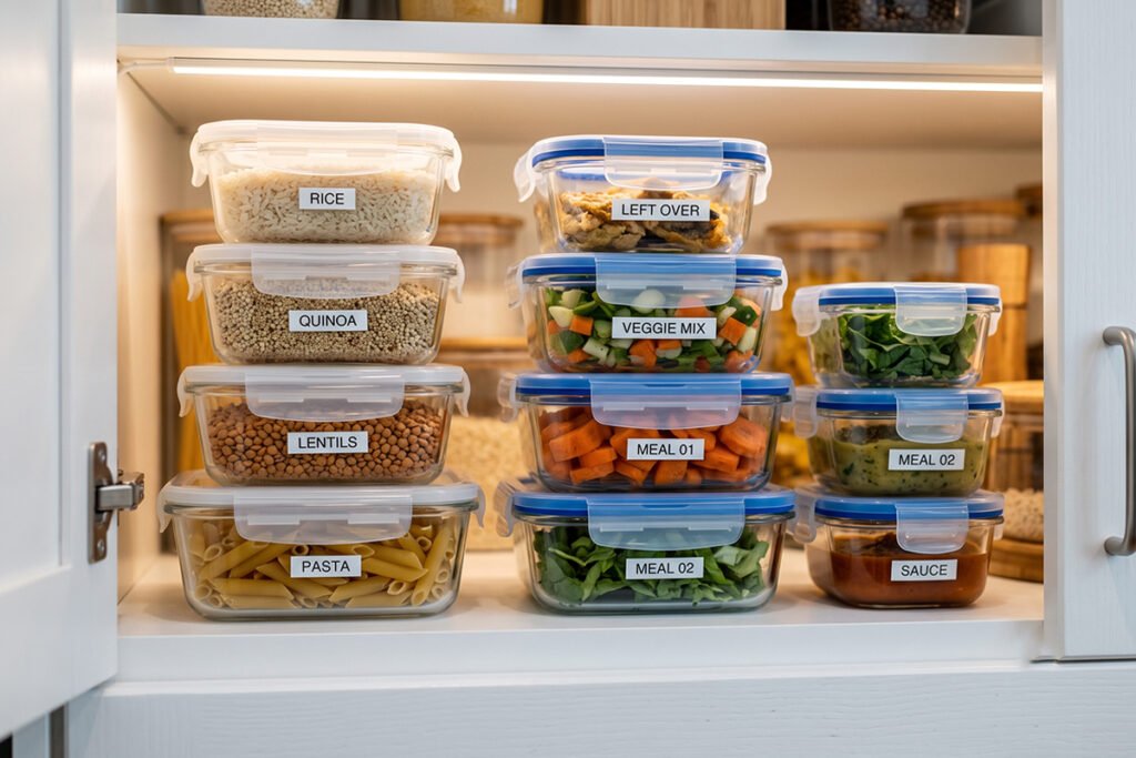 Neatly stacked glass food containers arranged by size on a lower kitchen cabinet shelf.