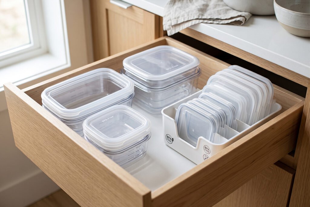 Nested plastic bases positioned directly next to a matching upright lid caddy
