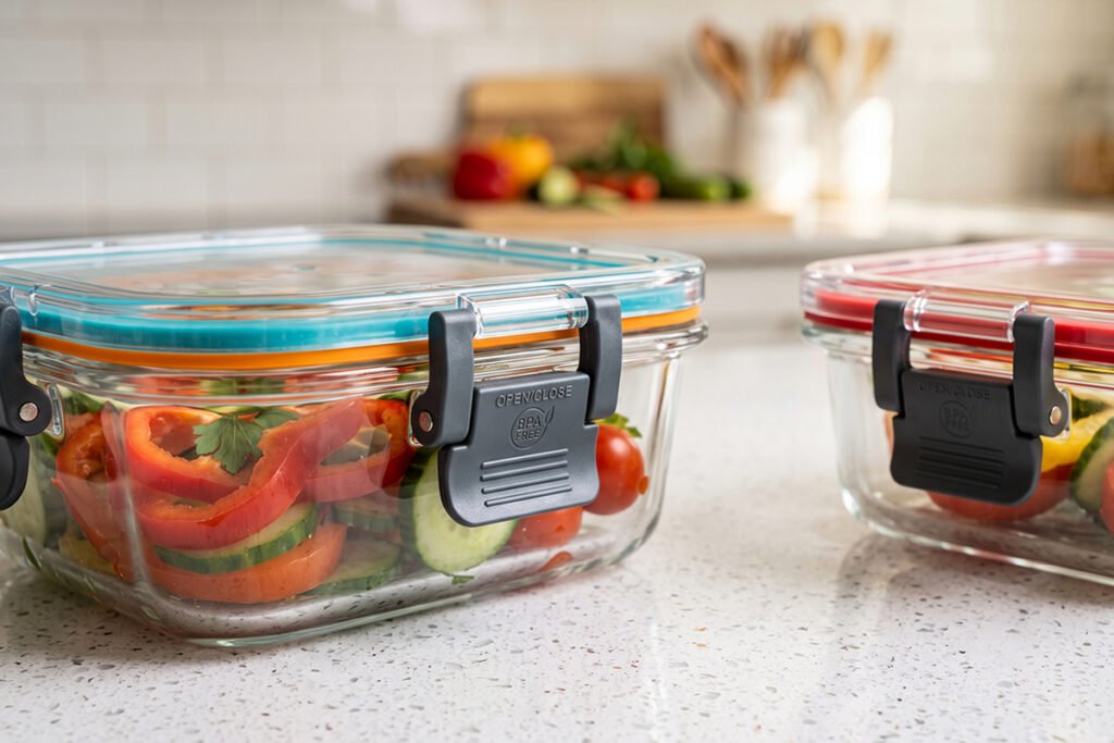 Non-toxic glass containers showing removable silicone rings and non-BPA locking latches