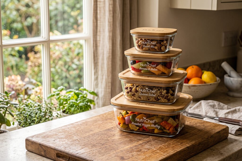 NutriChef glass containers with natural bamboo tops stacked neatly on a wooden cutting board