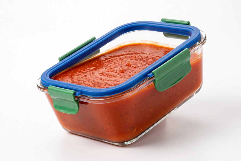 OXO Good Grips Smart Seal container filled with soup showing leakproof performance