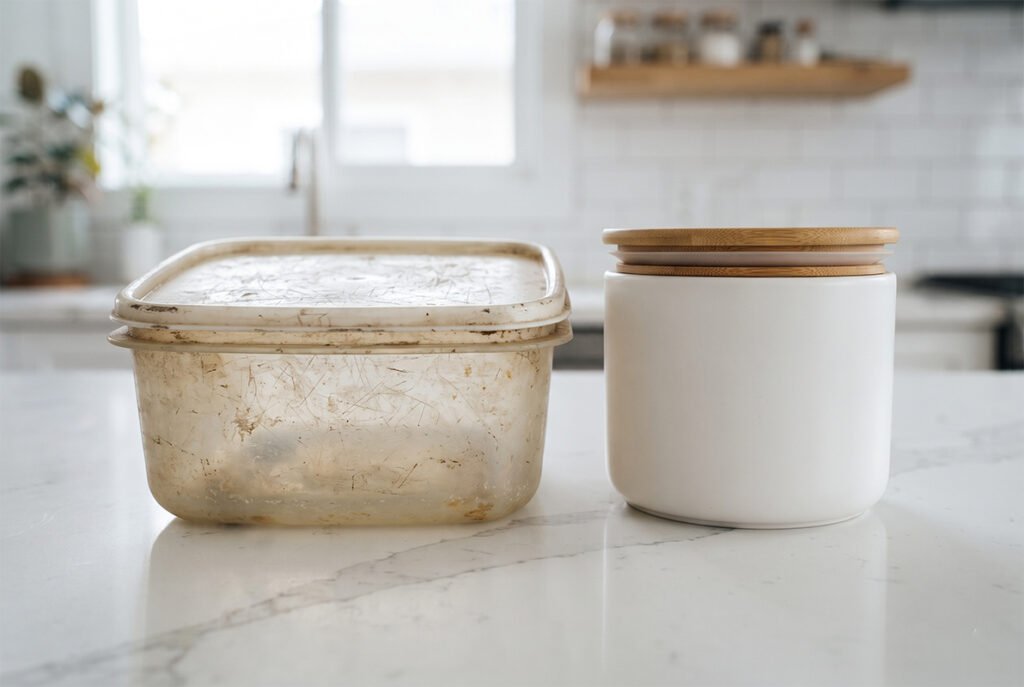 Old plastic food container showing signs of discoloration and surface scratches next to a new ceramic jar