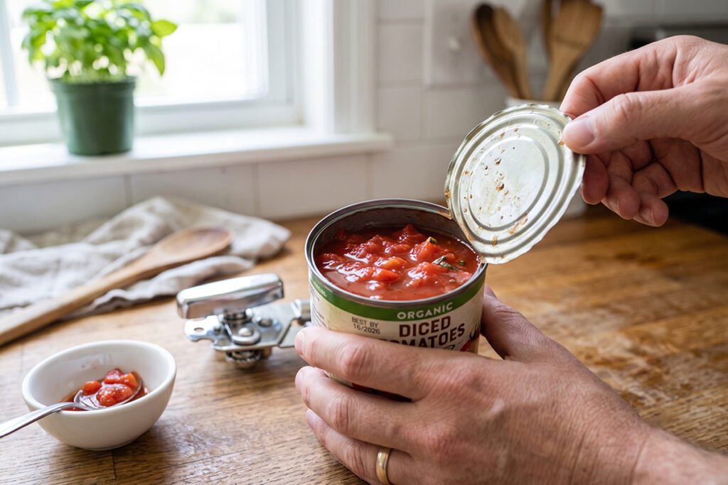 Open canned food being inspected for quality and color retention