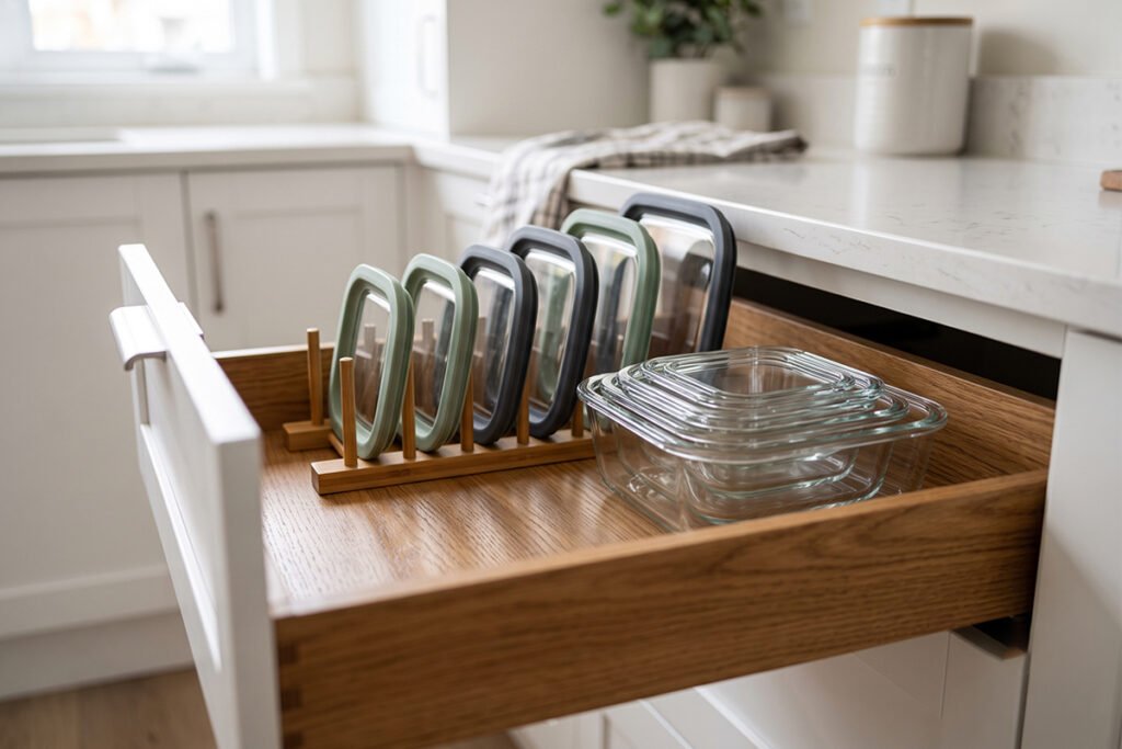 Open container bases nested together with lids stored neatly beside them in a drawer