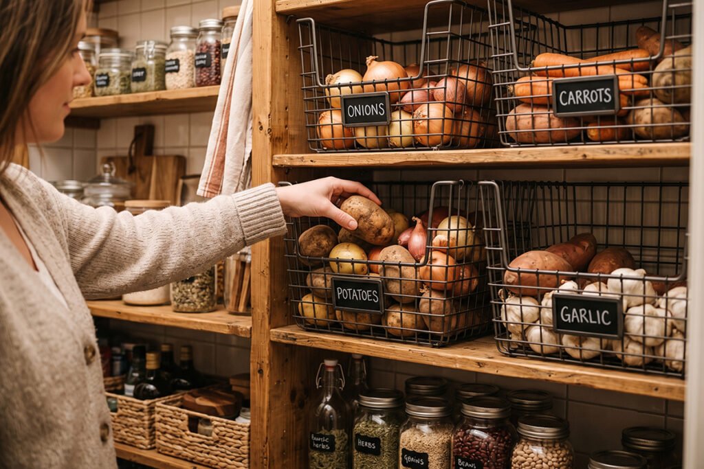 Open-front wire baskets stacked high in a kitchen pantry showing easy hand access.