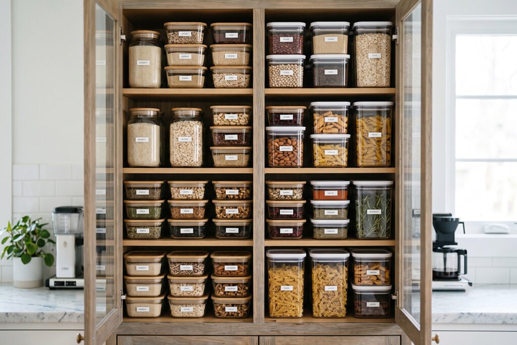 Open kitchen cabinet displaying neatly arranged clear storage containers