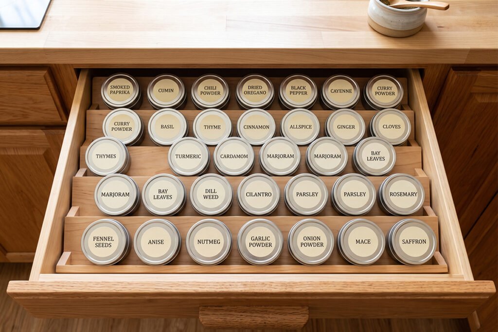 Open kitchen drawer equipped with a slanted tier organizer holding uniform metal spice tins securely
